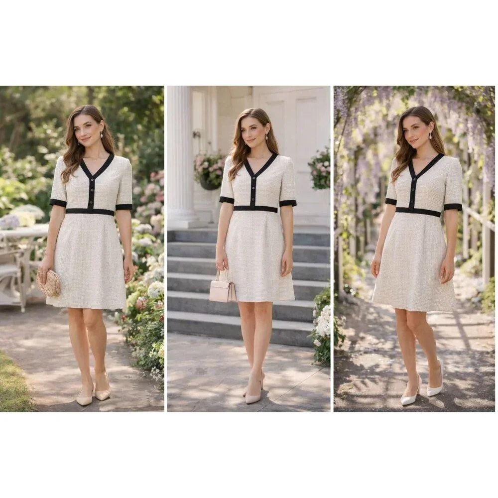 Gal Meets Glam Women Tweed A-Line Dress Ivory 8 Quiet Luxury Easter Cottagecore - Picture 1 of 16